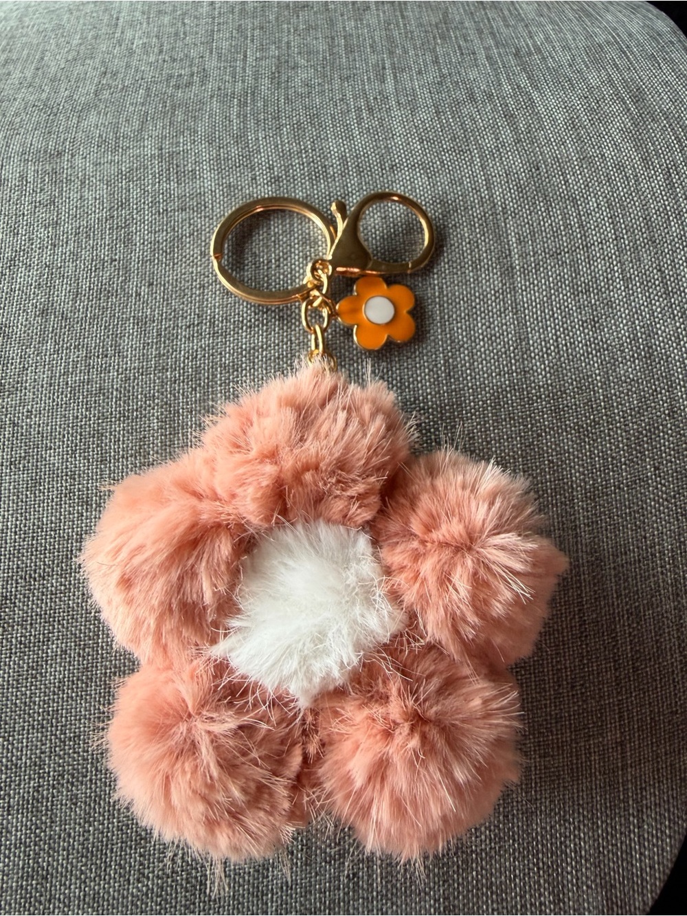 Peach Plush Flower Pom Keychain with White Center